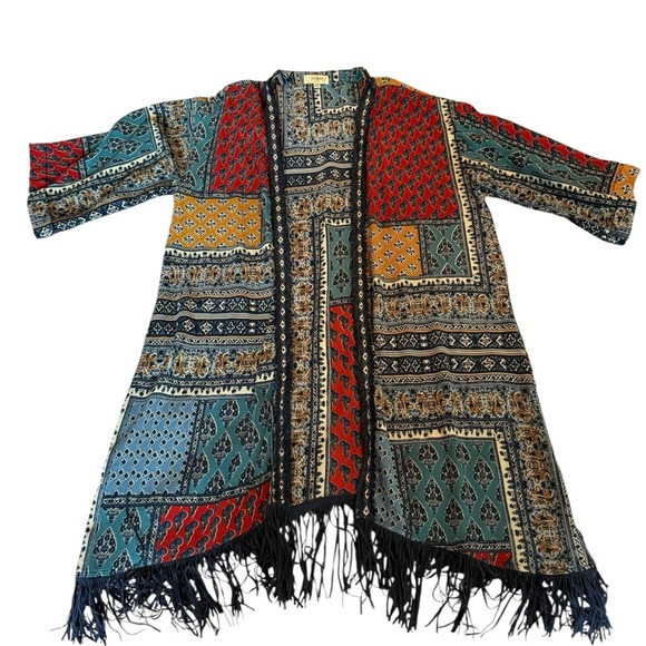 Umgee Open Fringe Hem Cardigan Kimono Patchwork Mix Print S/M Red Blue Yellow - Picture 6 of 14